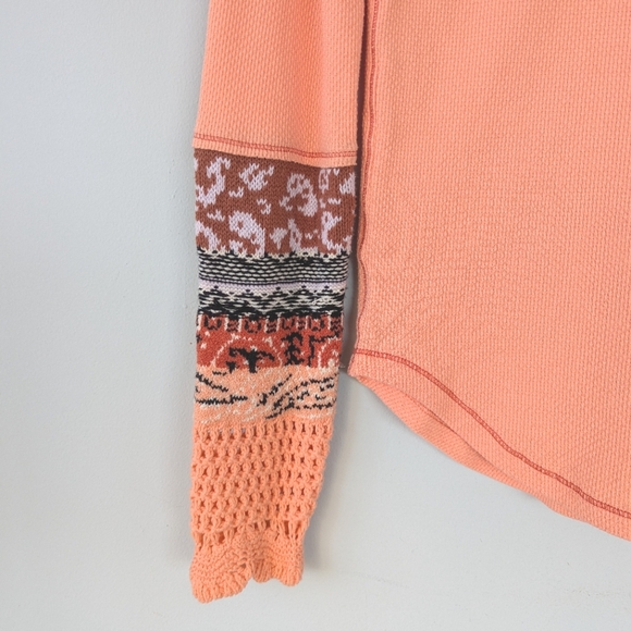 Free People In The Mix Orange Sherbet Cuff Detail Waffle Thermal Knit Top - Picture 7 of 13
